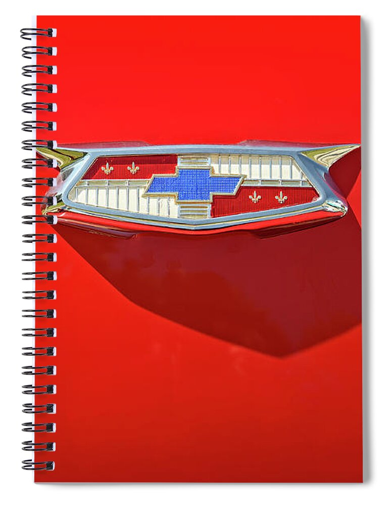 Vehicle Spiral Notebook featuring the photograph Chevrolet Emblem on a 55 Chevy Trunk by Scott Norris