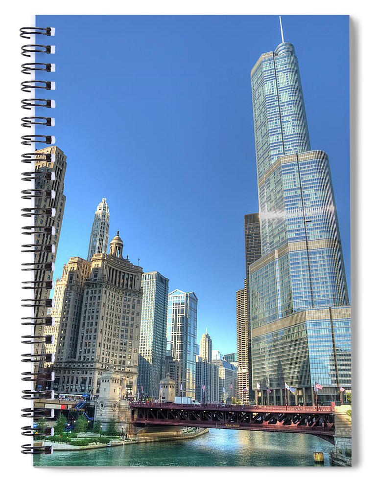 Drawbridge Spiral Notebook featuring the photograph Chicago Skyline And River With Trump by Weible1980