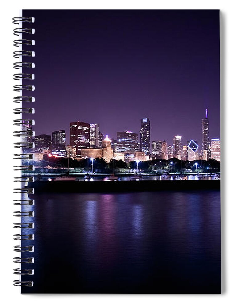 Lake Michigan Spiral Notebook featuring the photograph Chicago Skyline In The Night by Weible1980