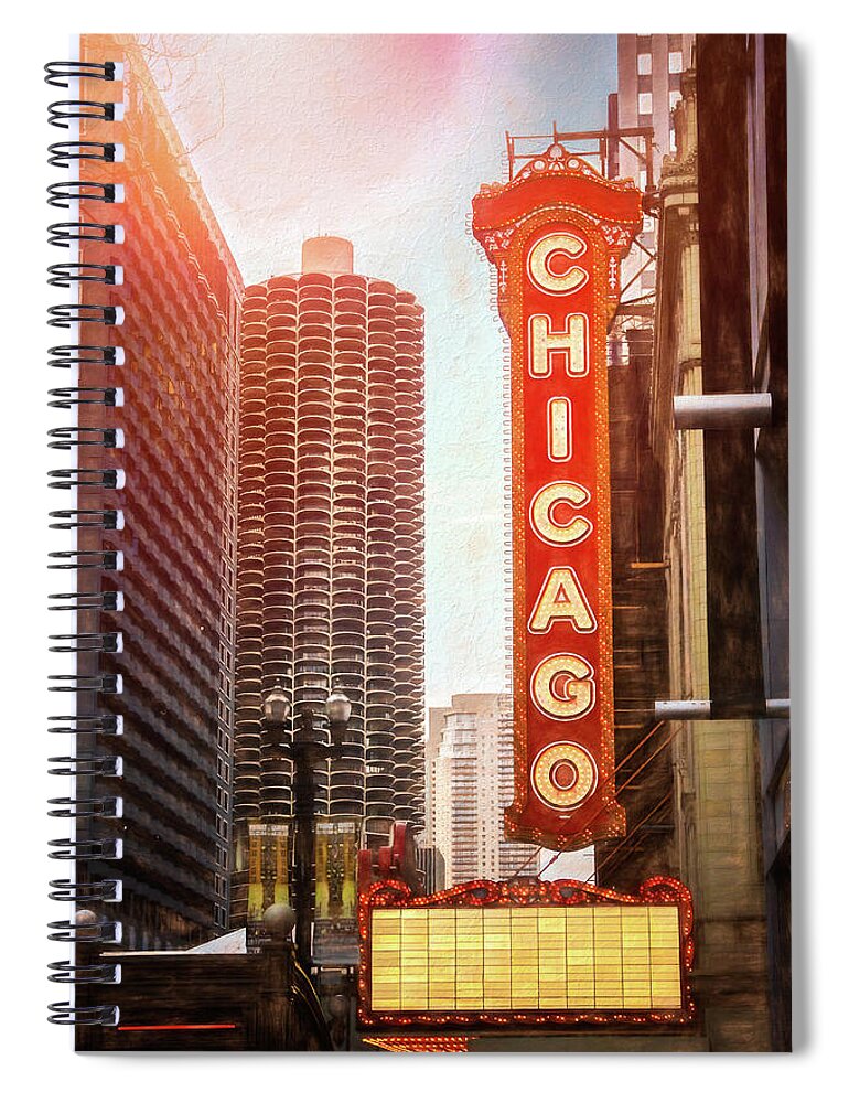 Chicago Spiral Notebook featuring the photograph Chicago Theatre Sign Downtown Chicago by Carol Japp