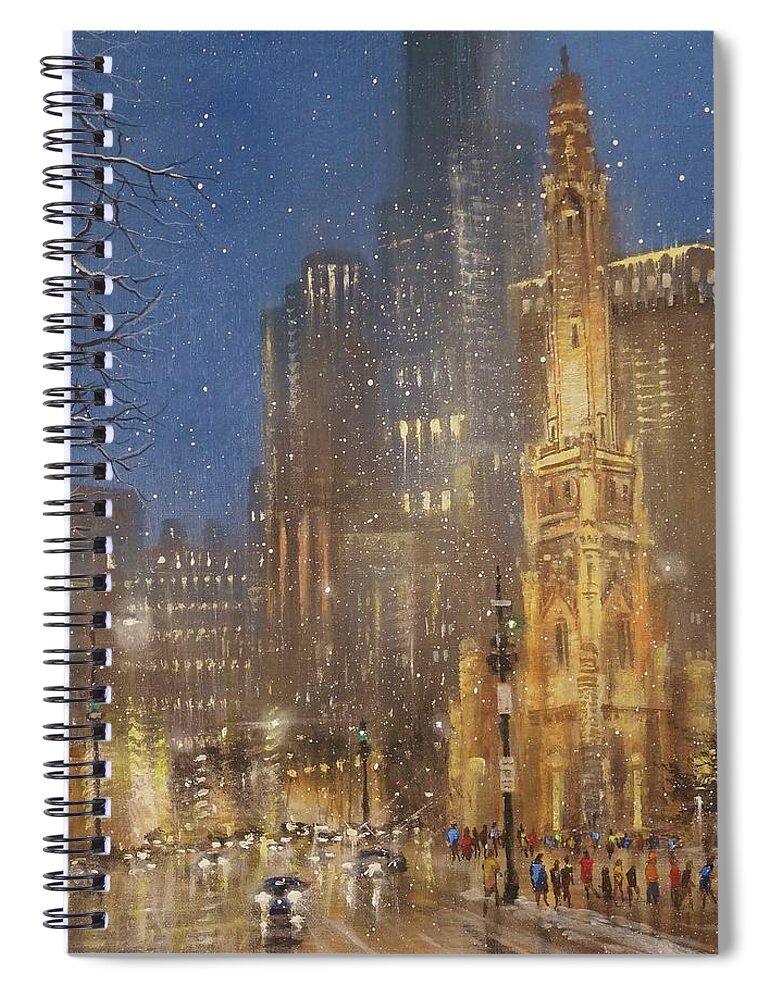 Snow Scene Spiral Notebook featuring the painting Chicago Water Tower by Tom Shropshire