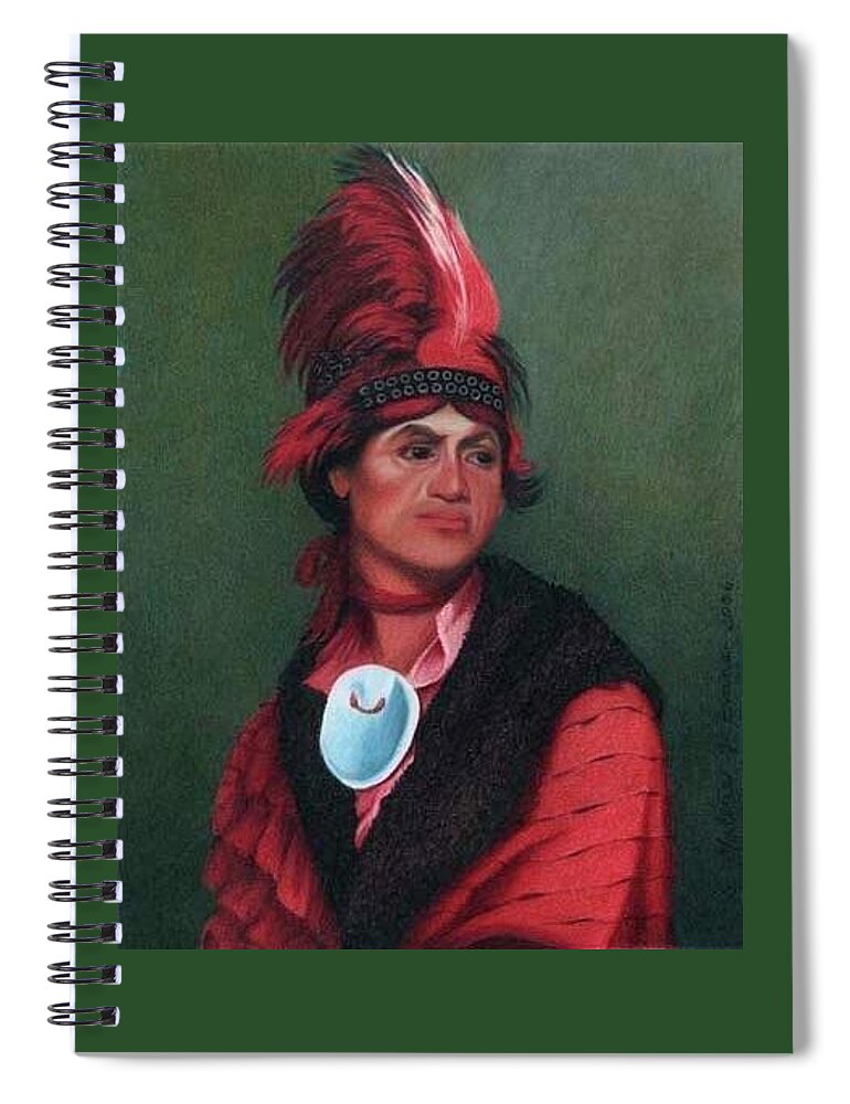 Chief Joseph Brant. Native American Portrait. American Indian Portrait. Feather Plume Headdress. Abalone Shell Necklace. Red Ruffled Shirt. Native American Chief. Mohawk Chief Spiral Notebook featuring the painting Chief Joseph Brant by Valerie Evans