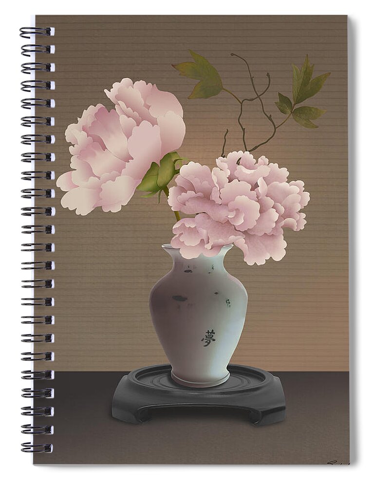 Flowers Spiral Notebook featuring the mixed media Chinese Pink Peonies in Vase by M Spadecaller