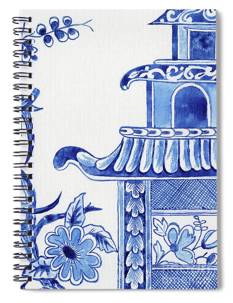 Chinoiserie Spiral Notebook featuring the painting Chinoiserie Blue and White Birds in Flowering Tree and Pagoda by Audrey Jeanne Roberts