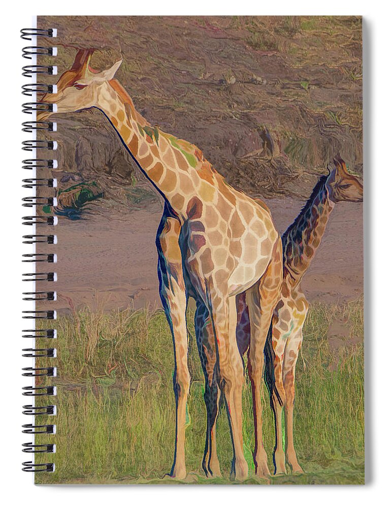  Spiral Notebook featuring the photograph Chobe Giraffes, Painterly by Marcy Wielfaert