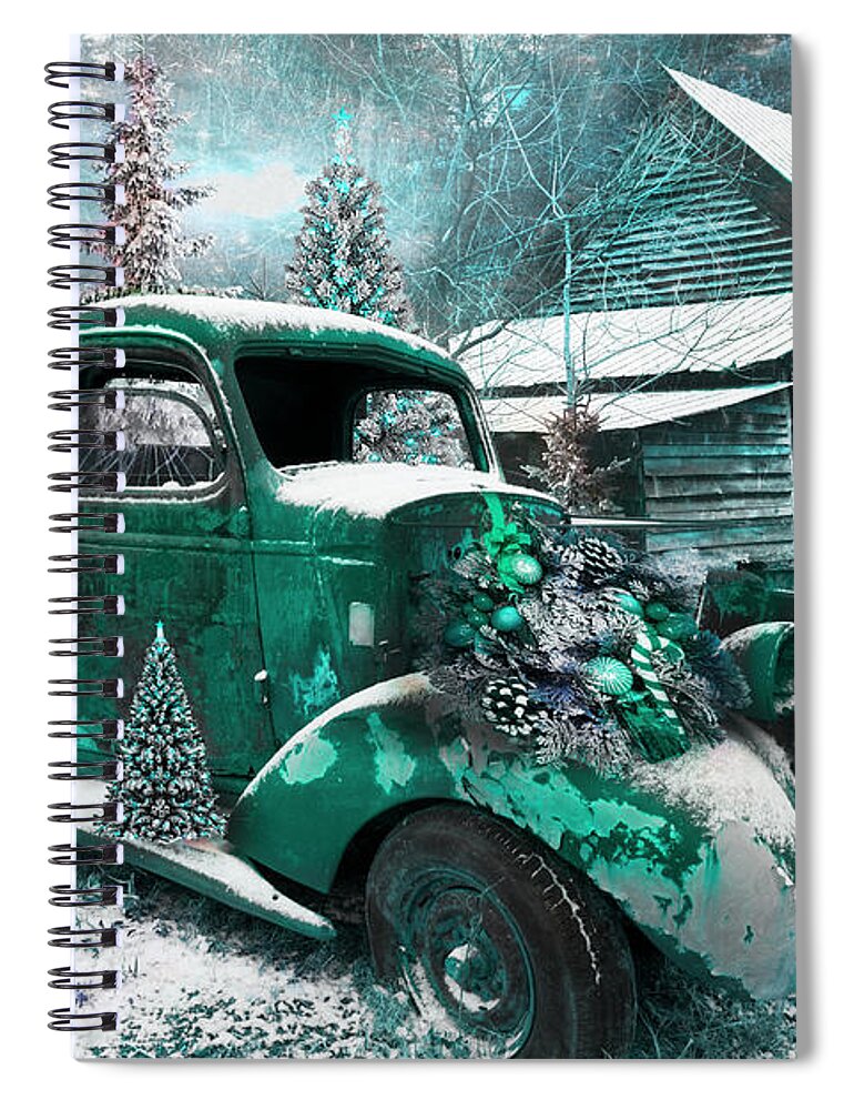 Barn Spiral Notebook featuring the photograph Christmastime at a Country Farm in Turquoise Tones by Debra and Dave Vanderlaan