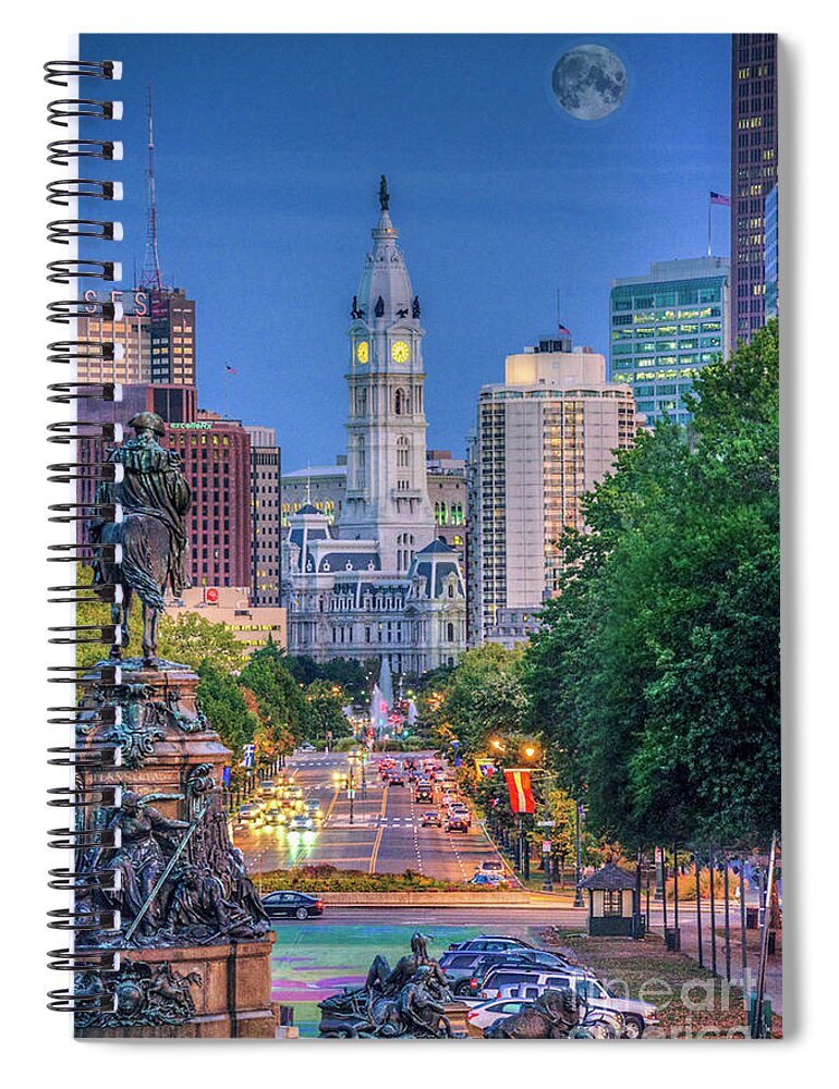 Ben Franklin Parkway Spiral Notebook featuring the photograph Philadelphia City Hall Full Moon by David Zanzinger