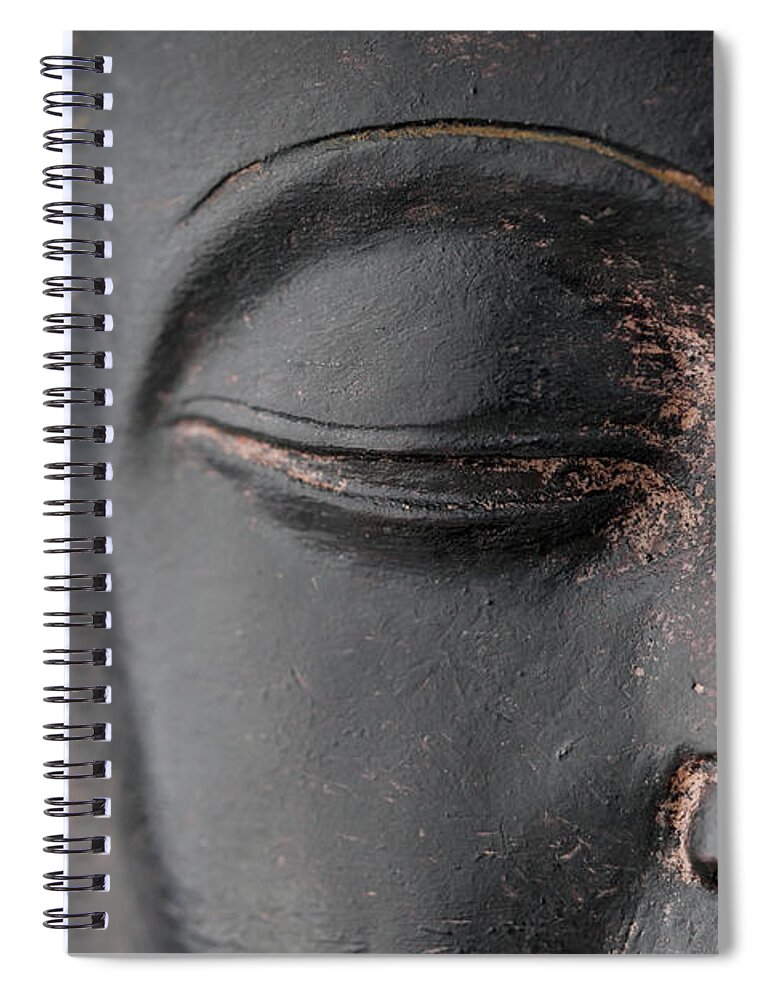 Statue Spiral Notebook featuring the photograph Closeup Of Black Stone Buddha Face by Wesvandinter