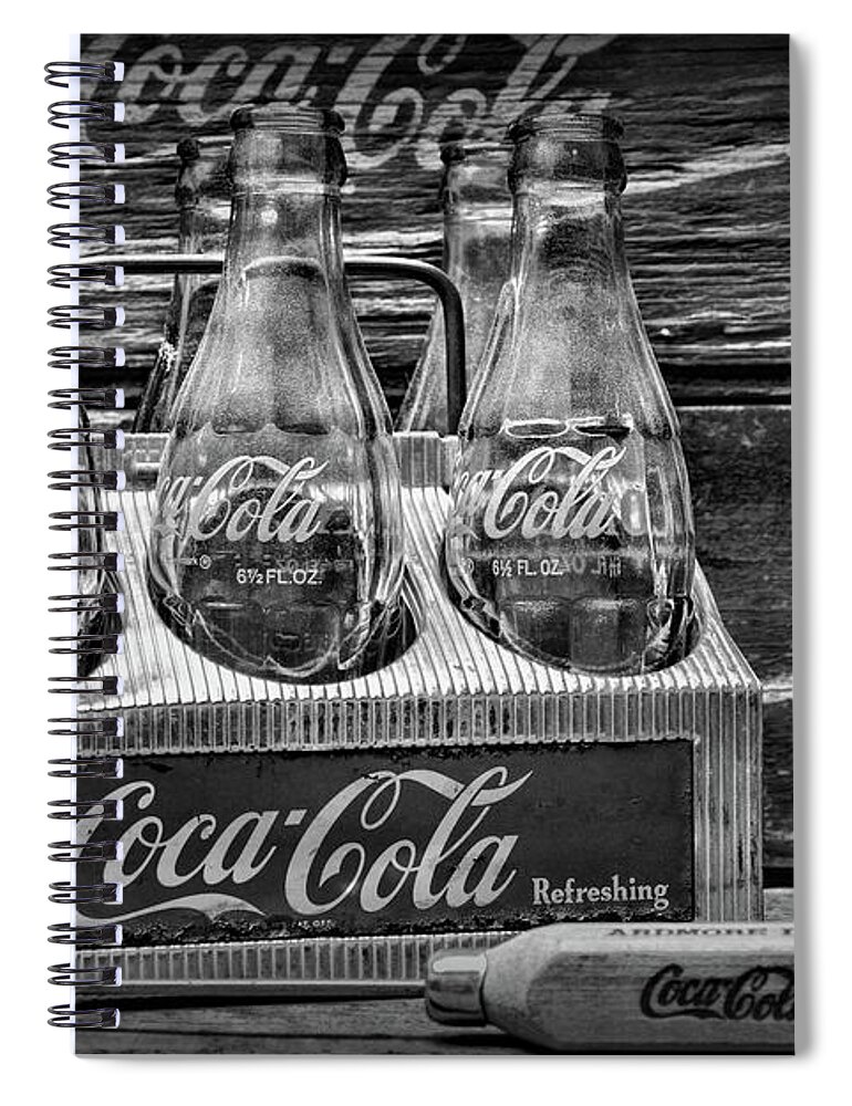 Coke Spiral Notebook featuring the photograph Coca-Cola 1950s Metal Carrier black and white by Paul Ward
