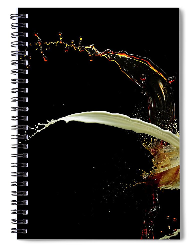 Black Background Spiral Notebook featuring the photograph Coffee And Cream Splash Colliding by Biwa Studio