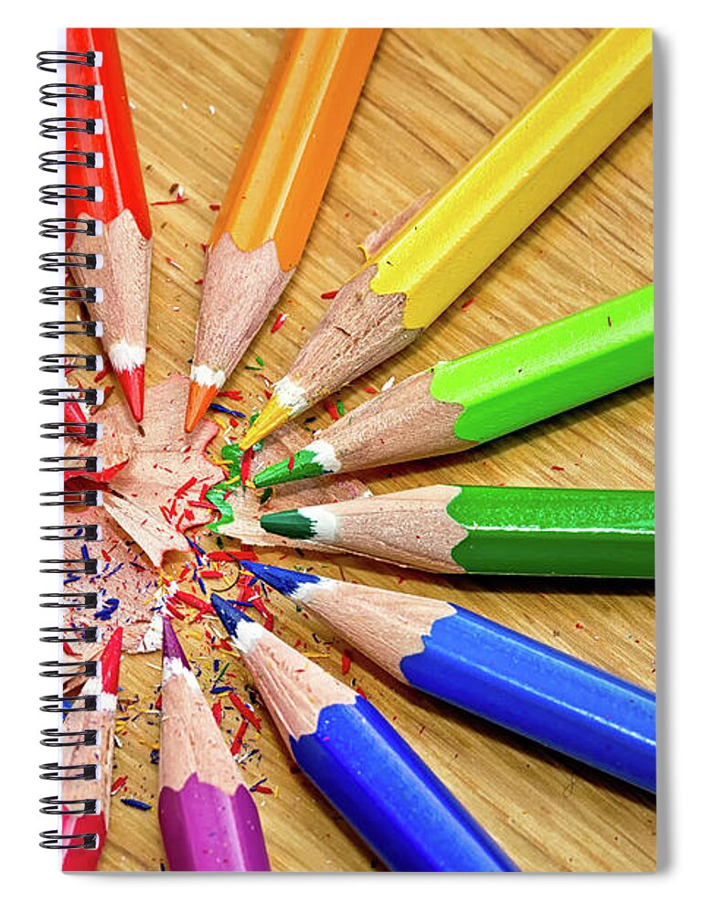 Close-up Spiral Notebook featuring the photograph Colored Pencils And Shavings On Table by Gerard Mcauliffe