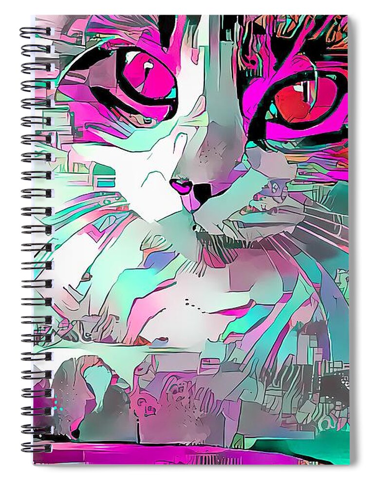 Pink Spiral Notebook featuring the digital art Colorful Pink Cat Etch by Don Northup