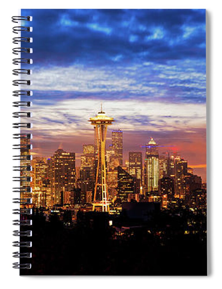 Outdoor; Downtown; Sunrise; Dawn; Twilight ; Space Needle; High-rise; Elliot Bay; Port Seattle; Mount Rainier; Colors; Downtown Seattle; Washington Beauty; Pacific North West Spiral Notebook featuring the digital art Colorful twilight over downtown Seattle by Michael Lee