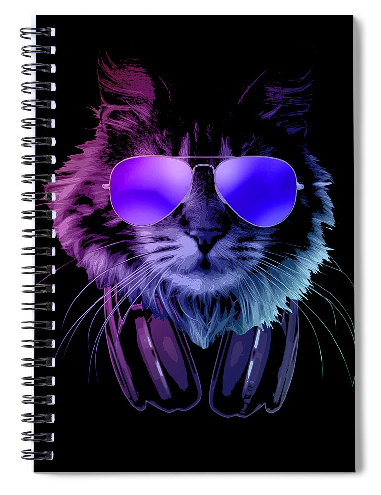 Cat Spiral Notebook featuring the digital art Cool DJ Furry Cat In Neon Lights by Filip Schpindel