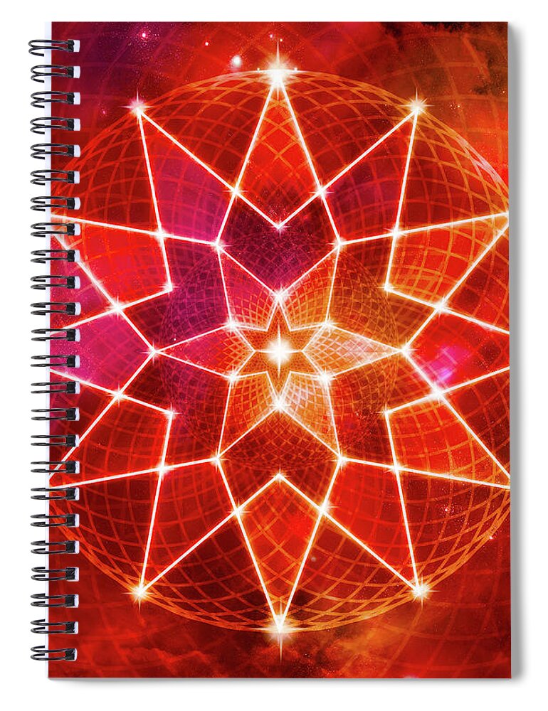 Seed Of Life Spiral Notebook featuring the digital art Cosmic Geometric Seed of Life Crystal Red Lotus Star Mandala by Laura Ostrowski