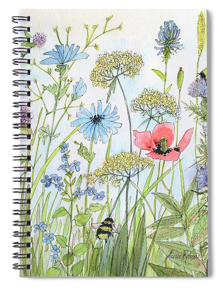 Flowers Spiral Notebook featuring the painting Cottage Flowers and Bees by Laurie Rohner