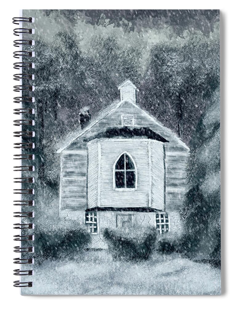 Church Spiral Notebook featuring the digital art Country Church On A Snowy Night by Lois Bryan
