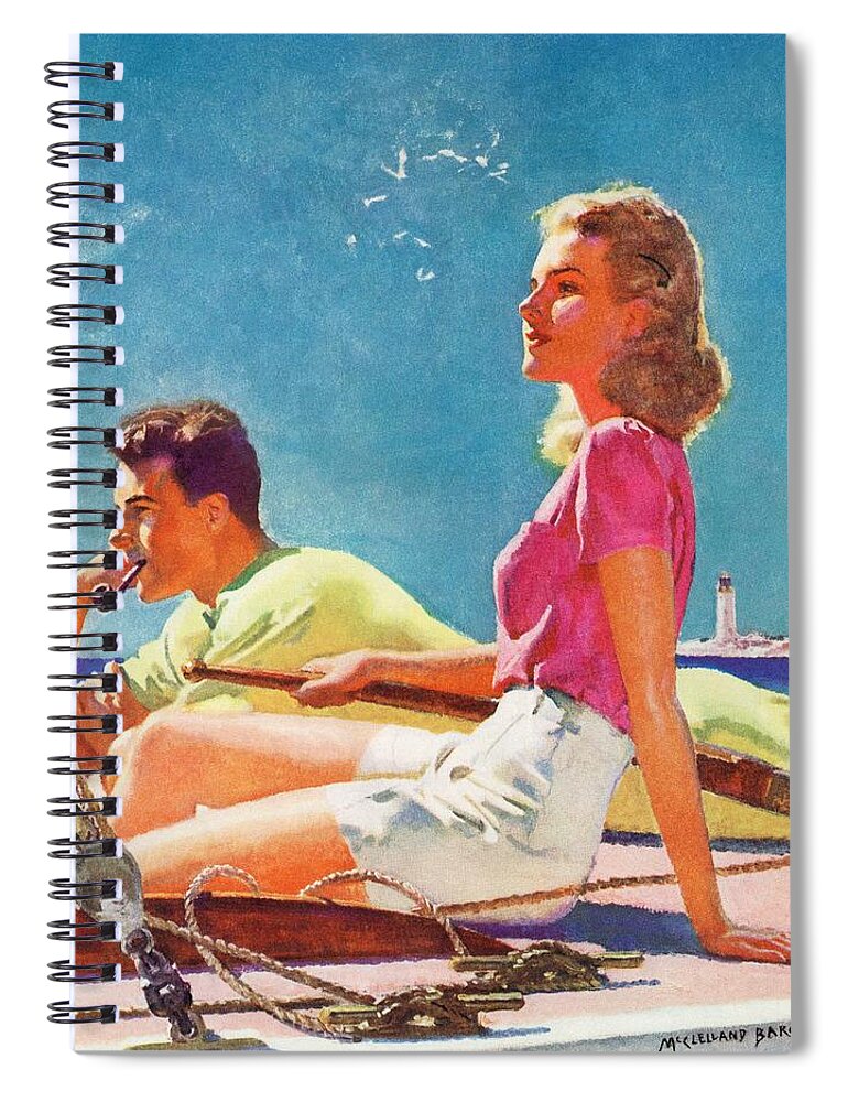 Couple Spiral Notebook featuring the drawing Couple On Sailboat by Mcclelland Barclay
