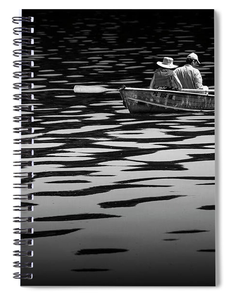 Oarsman Spiral Notebook featuring the photograph Couple rowing on Stoney Lake at Sunrise in Black and White by Randall Nyhof