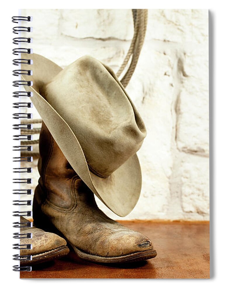 Casual Clothing Spiral Notebook featuring the photograph Cowboy Boots And Hat. Austin Sandstone by Fstop123