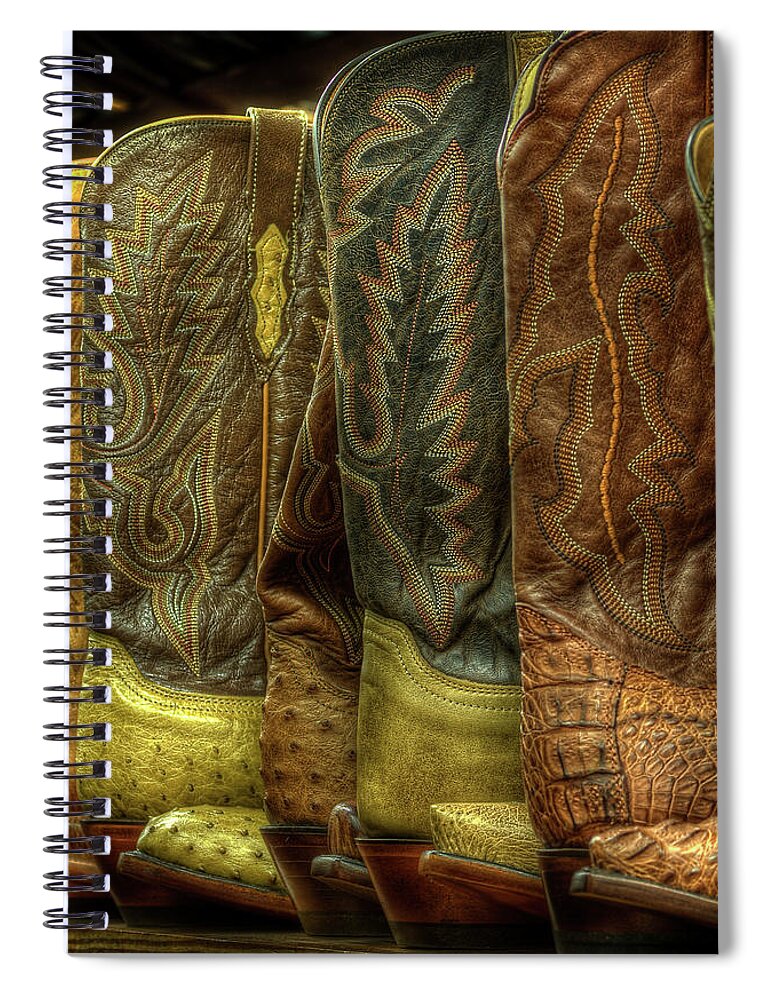In A Row Spiral Notebook featuring the photograph Cowboy Boots by Dave Wilson, Webartz Photography