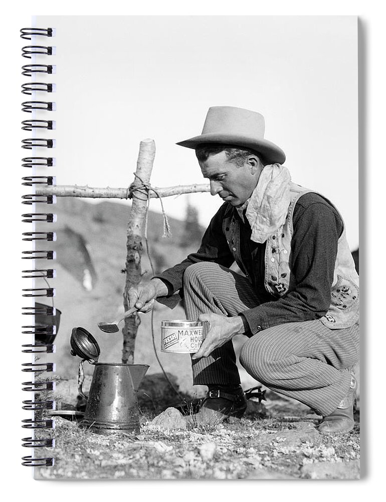 Camping Spiral Notebook featuring the photograph Cowboy Kneeling By Campfire, Pouring by H. Armstrong Roberts