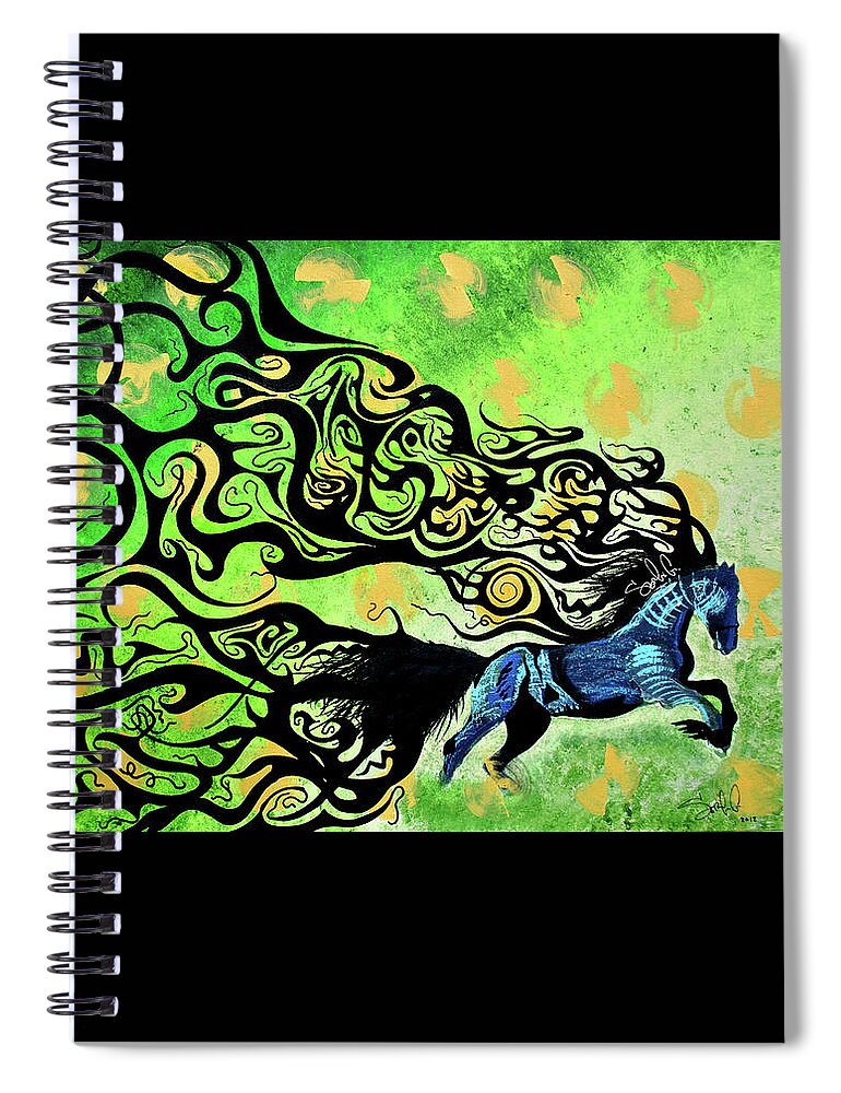 Horse Farm Abstract Conceptual Art Colorful Painting Paint Color Green Blue Animal Love Jump Inspiration Motivation Tail Hair Beautiful Beauty Run Success Spiral Notebook featuring the painting Crazy Horse by Sergio Gutierrez