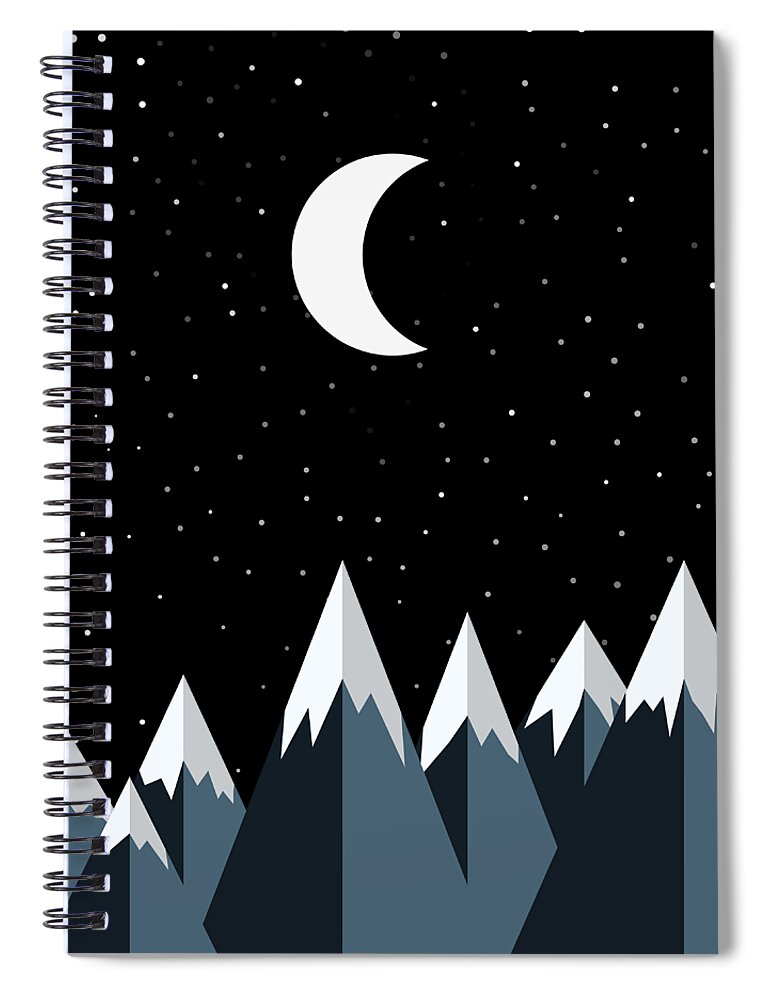 Rocky Spiral Notebook featuring the digital art Crescent Moon and Snow Capped Mountains by Pelo Blanco Photo