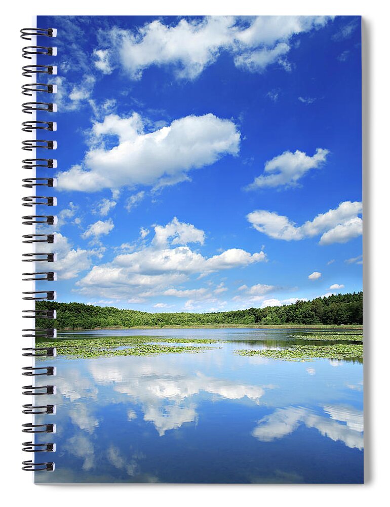 Water's Edge Spiral Notebook featuring the photograph Cumulus Clouds Over Small Lake Amongst by Avtg