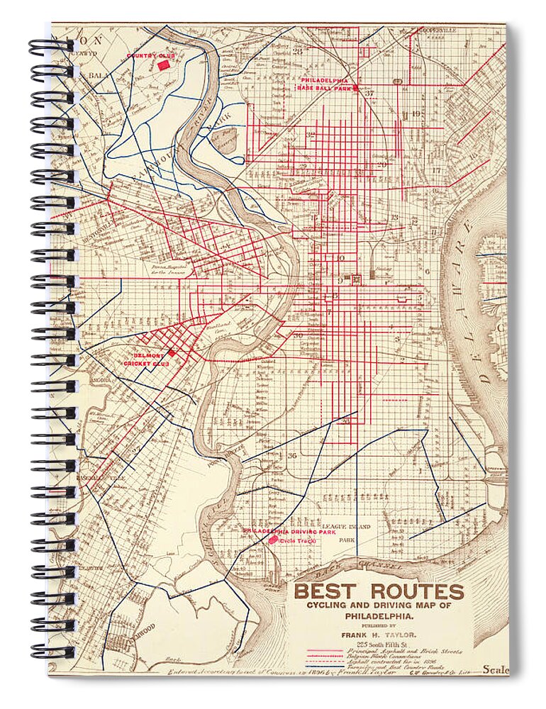 Philadelphia Spiral Notebook featuring the mixed media Cyclers' and drivers' best routes in and around Philadelphia by Frank H Taylor