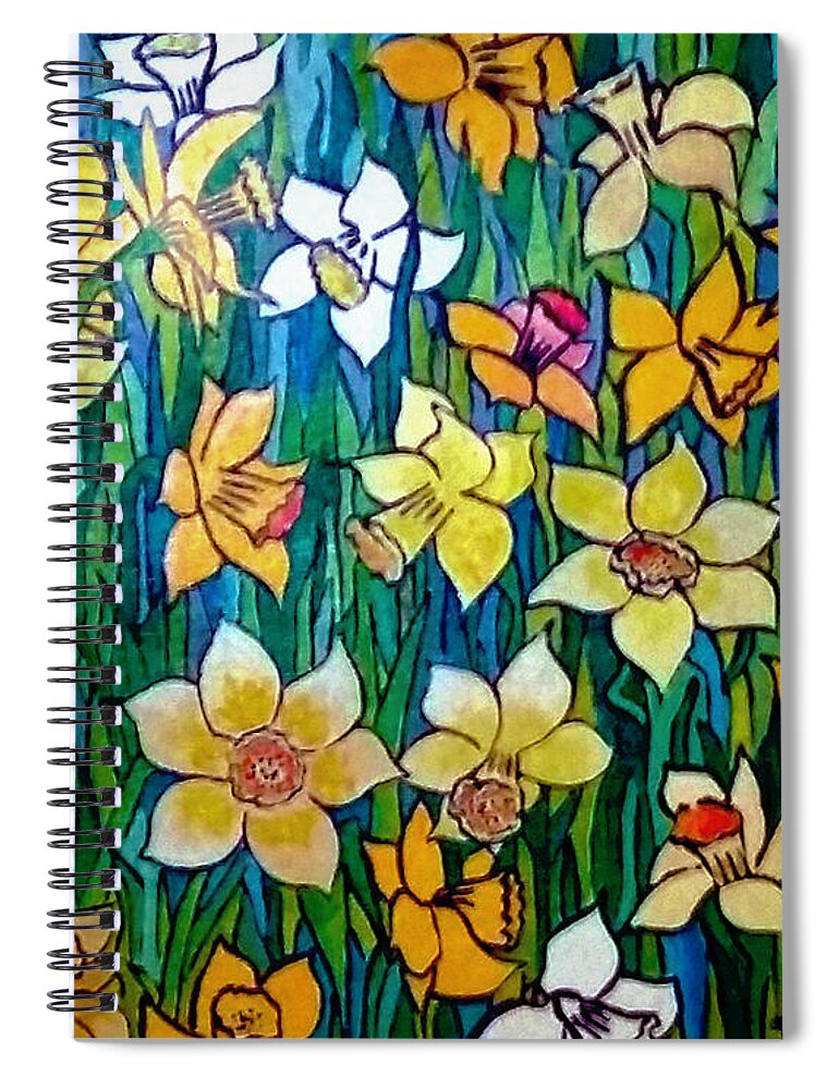 Daffodils 1998 By A Hillman Spring Yellow Flowers Green Blue Teal Naïve Whimsical Garden Rejoicing Joy Celebrate Free Praise Thanks Alleluia Naïve Bold Color Praise To The King Of Kings Yah Yeshua Jesus Messiah Praise And Glory Spiral Notebook featuring the painting Daffodils 1998 by A Hillman