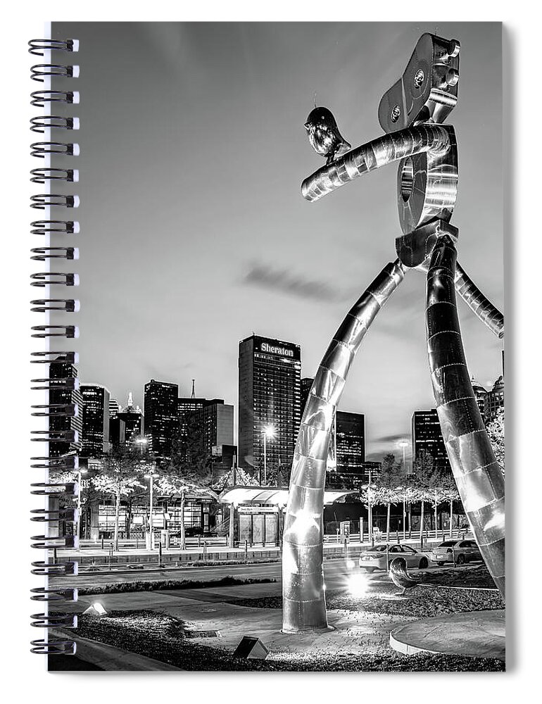 America Spiral Notebook featuring the photograph Dallas Skyline and Traveling Man in Black and White - 1x1 by Gregory Ballos