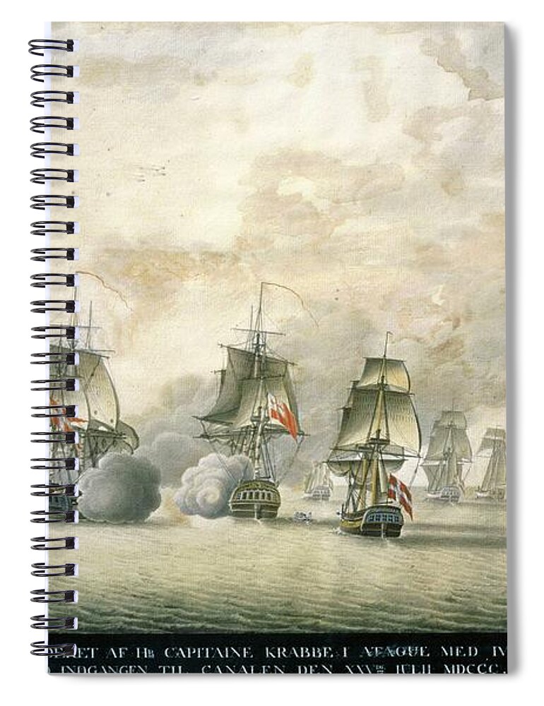 Barge Spiral Notebook featuring the painting Danish Frigate Freya under Captain Krabbe attacks English ships 25.7.1800. by Album