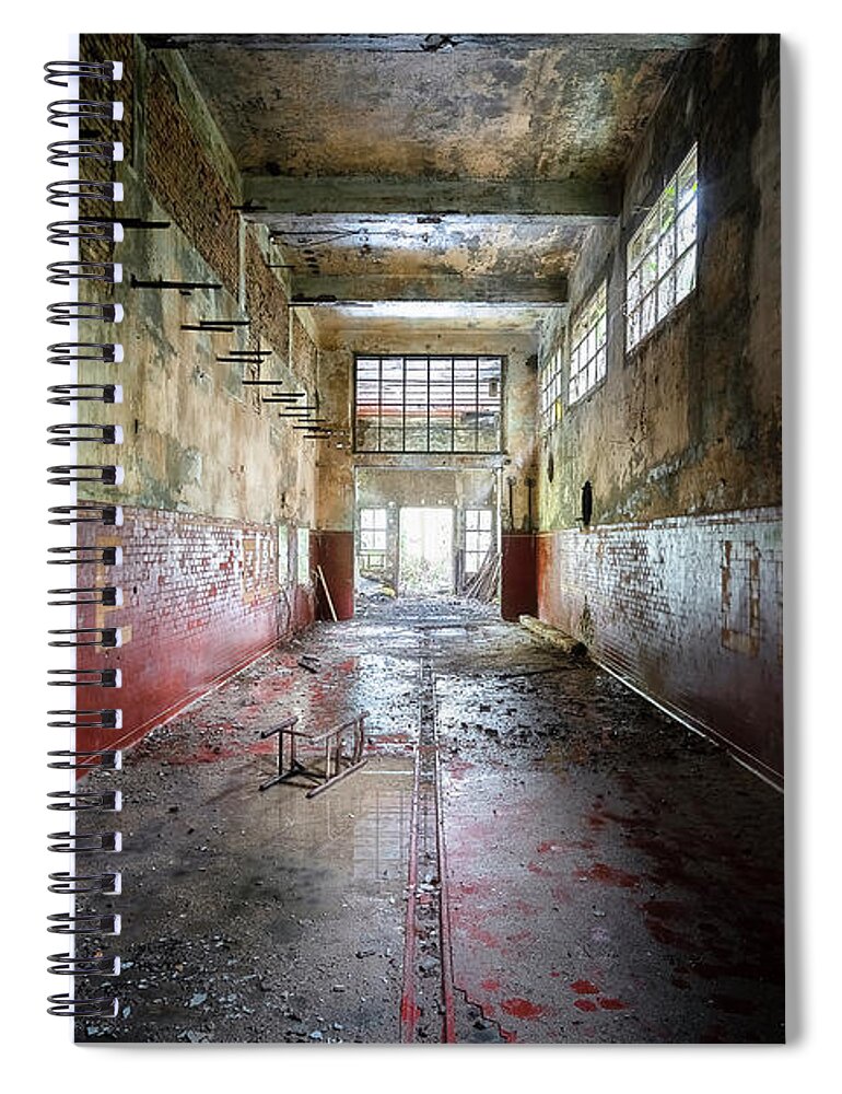 Urban Spiral Notebook featuring the photograph Dark and Abandoned Hallway by Roman Robroek