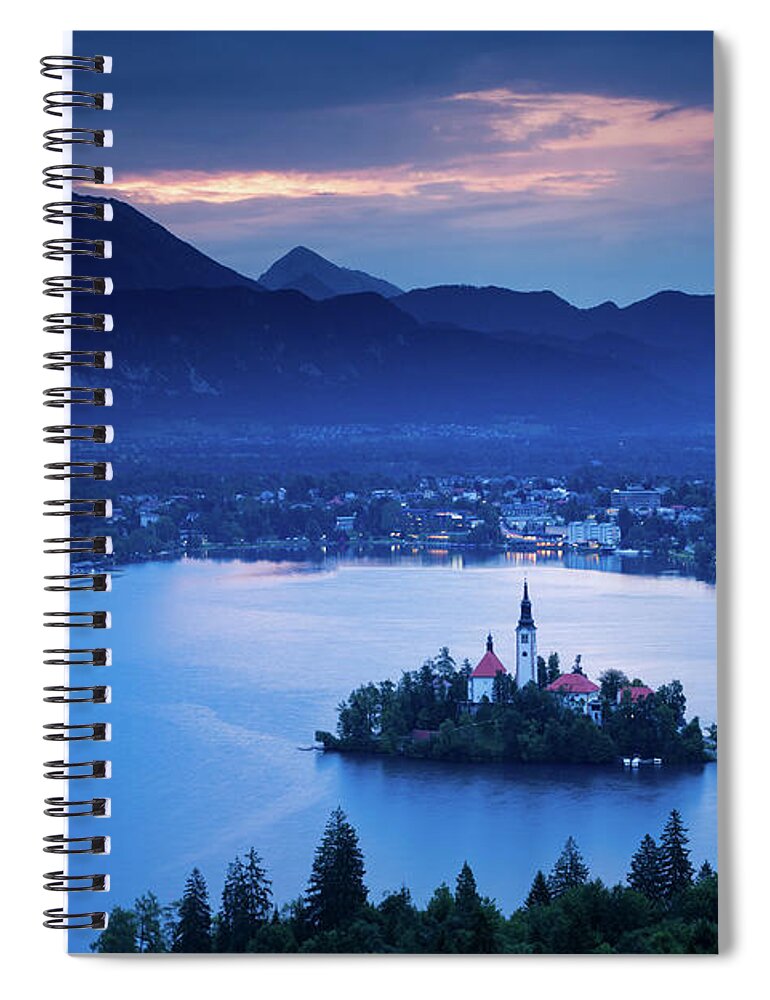 Bled Spiral Notebook featuring the photograph Dawn view of Lake Bled from Ojstrica by Ian Middleton