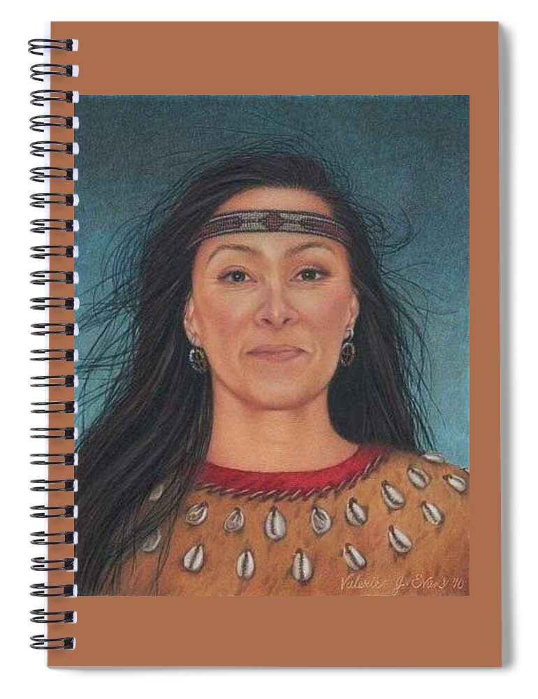 Native American Portrait. American Indian Portrait. Face. Long Dark Hair. Native Indian Dress. Four Directions Earrings. Beaded Headband. Artist Self-portrait Spiral Notebook featuring the painting Delaware Woman by Valerie Evans