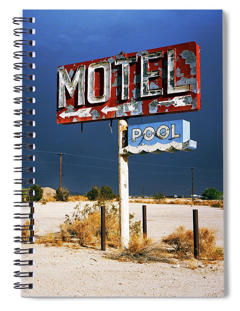 Tranquility Spiral Notebook featuring the photograph Derelict Motel Sign In The Desert by Gary Yeowell