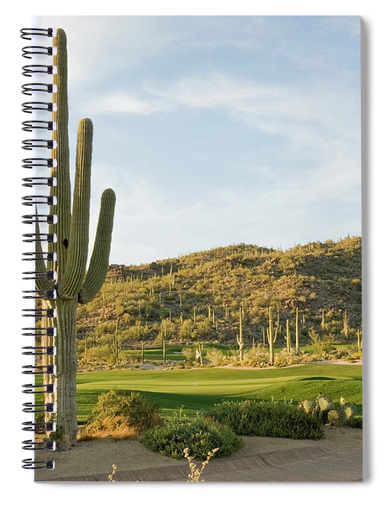 Saguaro Cactus Spiral Notebook featuring the photograph Desert Golf Course Sunset, Saguaro by Bcwh
