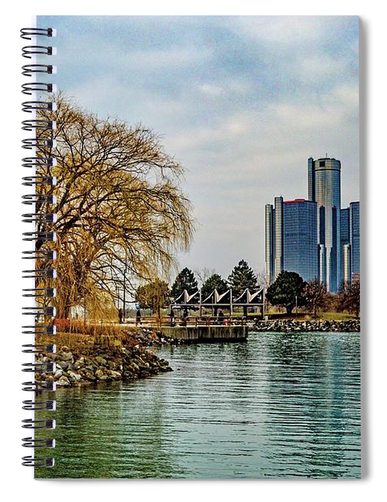 Detroit Spiral Notebook featuring the photograph Detroit Skyline and Riverwalk DSC_0076 by Michael Thomas