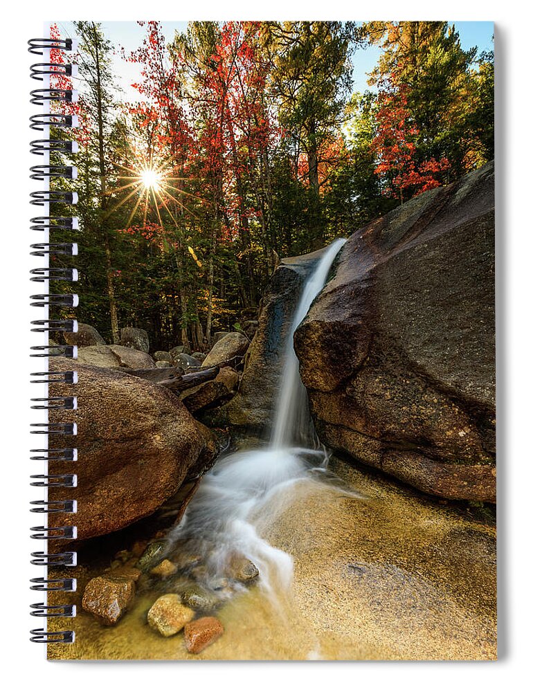 Waterfall; New Hampshire; New England; Diana's Baths; Fall; Falls; Sunstar; Trees; Sunrise; Long Exposure; Motion; Rocks; Flow; Mood; Autumn; Leaves; Colors; Rob Davies; Photography Spiral Notebook featuring the photograph Diana's Baths by Rob Davies