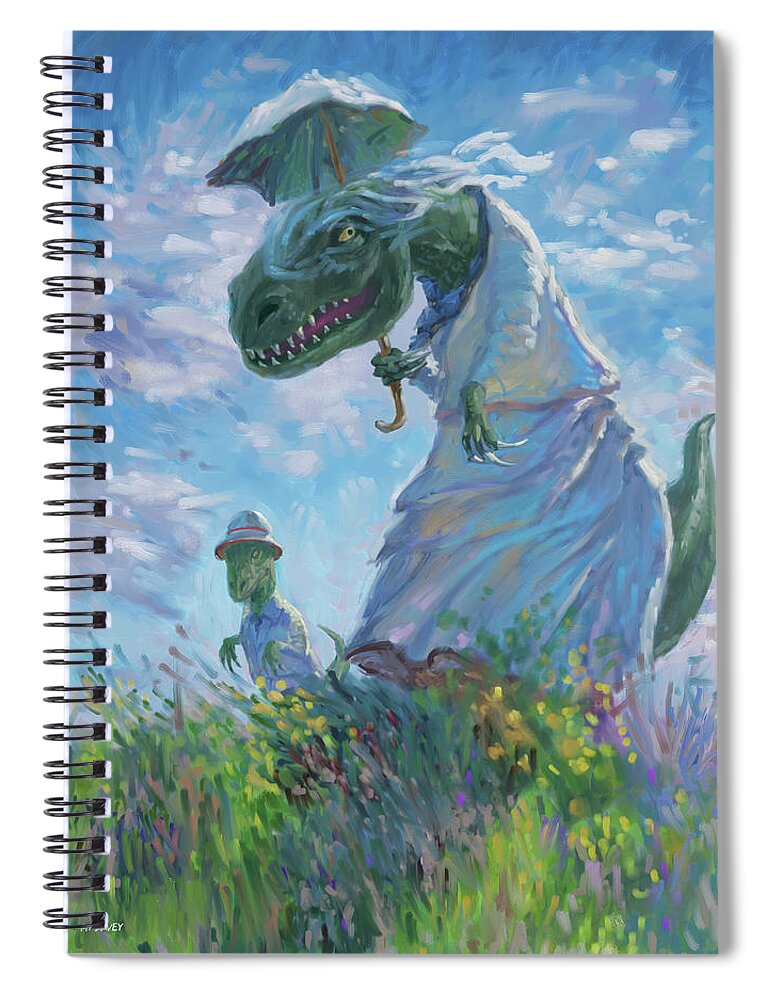 Dinosaurs Spiral Notebook featuring the digital art Dinosaur and son with a parasol by Martin Davey