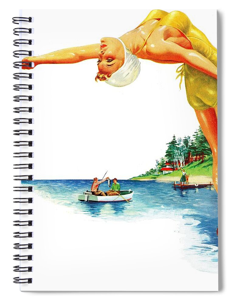 Sun Spiral Notebook featuring the drawing Diving In The Lake by Unknown