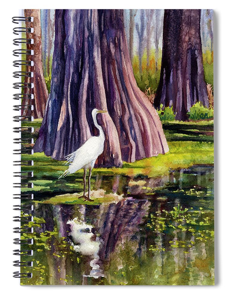 Egret Painting Spiral Notebook featuring the painting Down in the Swamplands by Anne Gifford