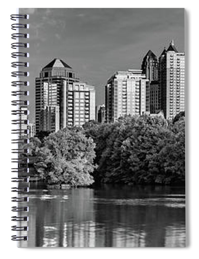 Atlanta Skyline Spiral Notebook featuring the photograph Downtown Atlanta Panoramic Monochrome from Piedmont Park by Gregory Ballos