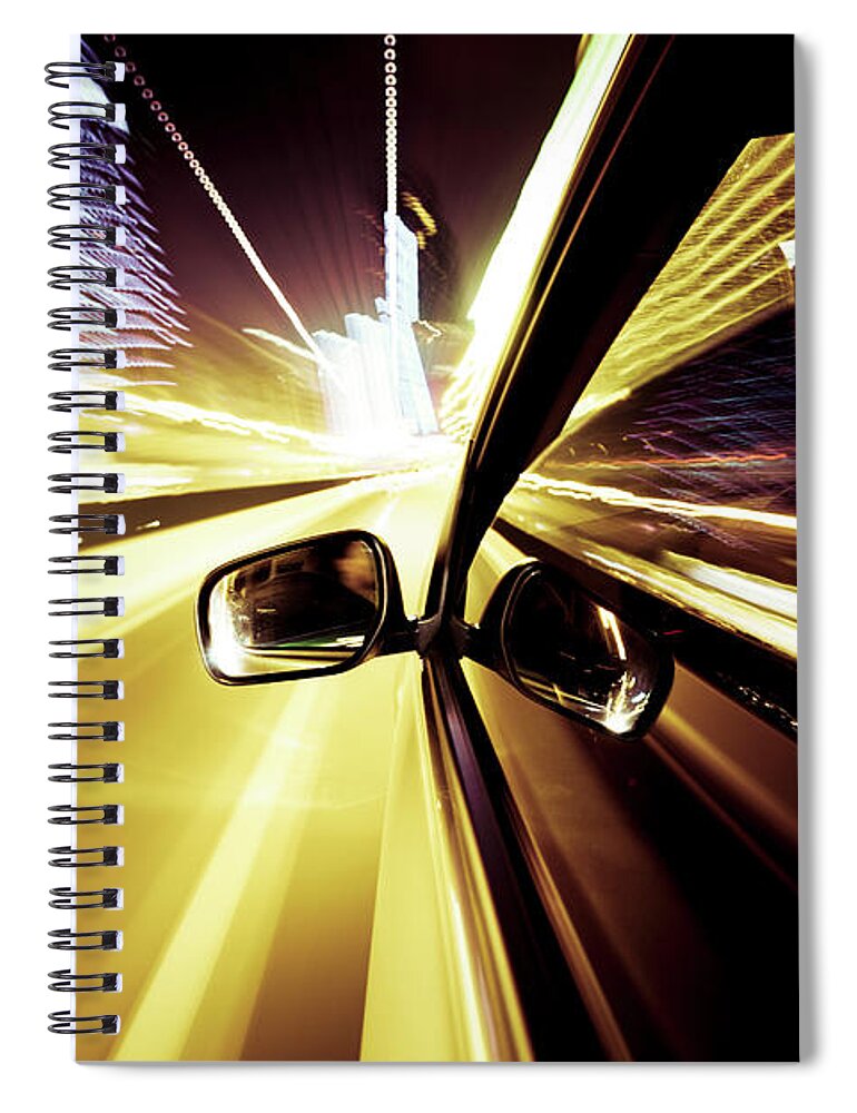 Black Color Spiral Notebook featuring the photograph Driving At Street Of City by Chinaface