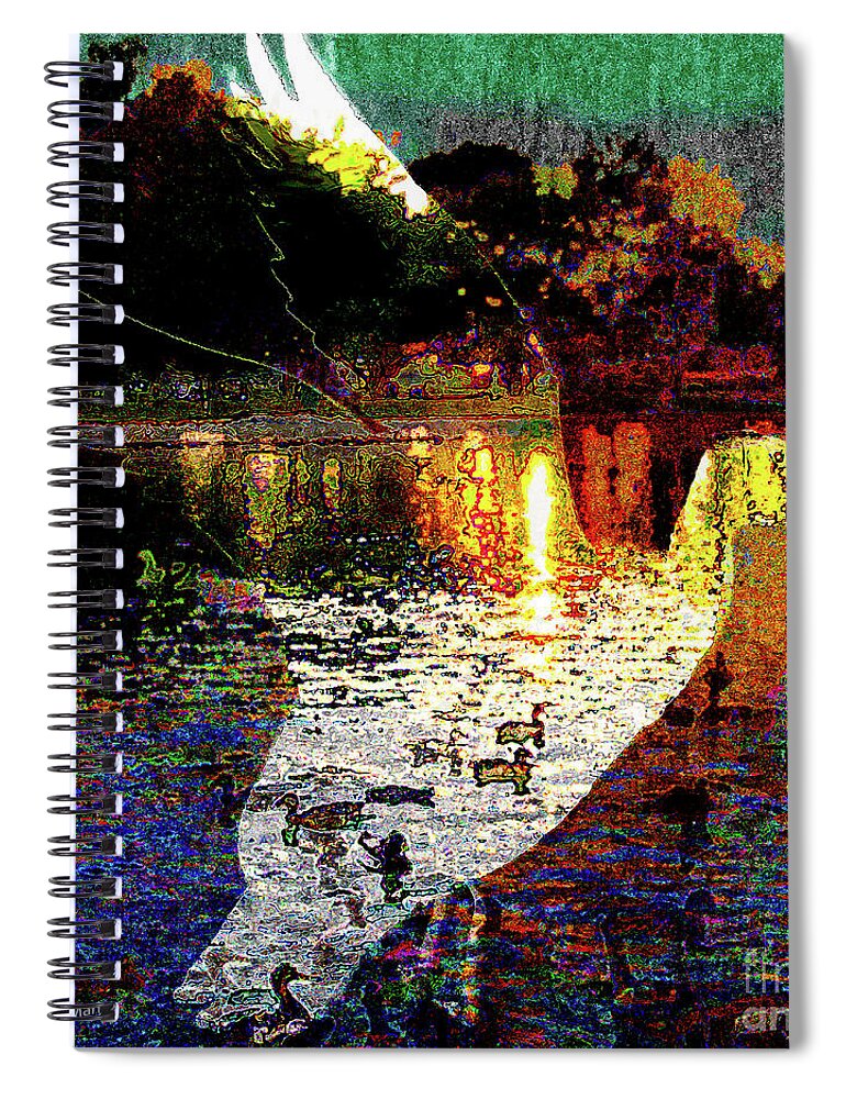 Duckpond Spiral Notebook featuring the painting Duckpond at Dusk.flight over lake by Bonnie Marie