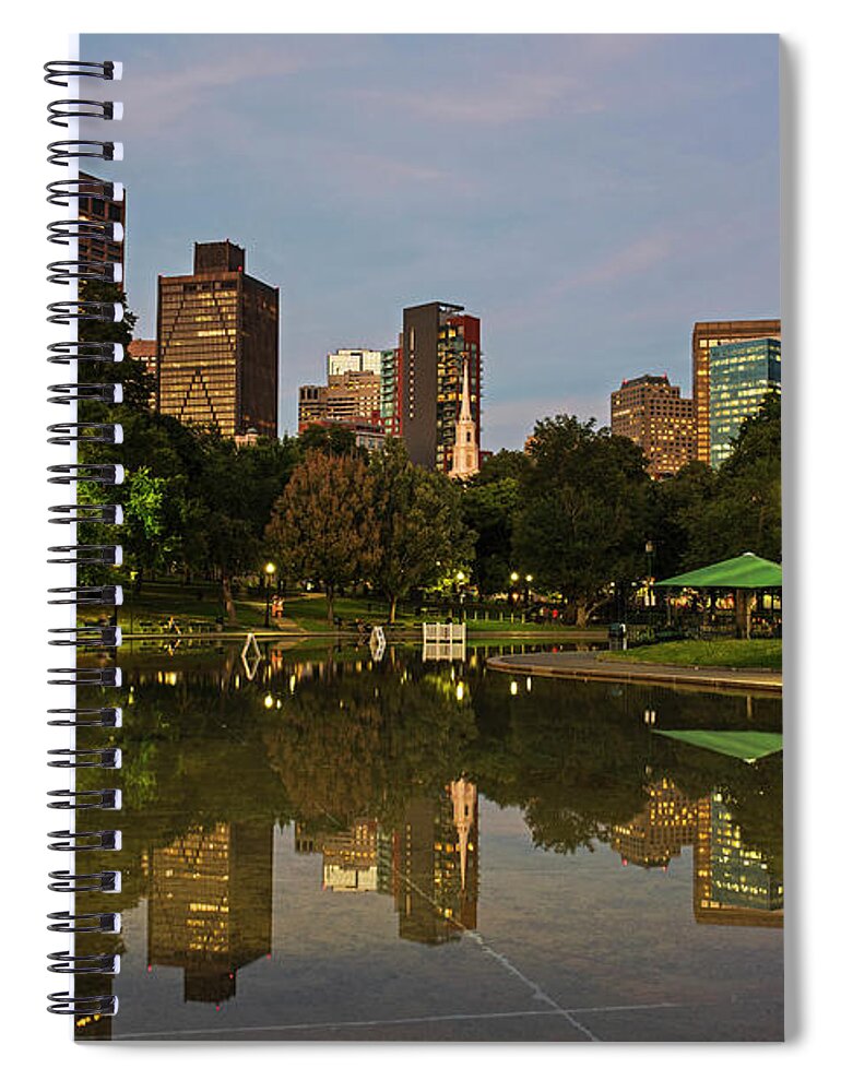 Boston Spiral Notebook featuring the photograph Dusk at the Boston Common Frog Pond Skyline Reflection by Toby McGuire