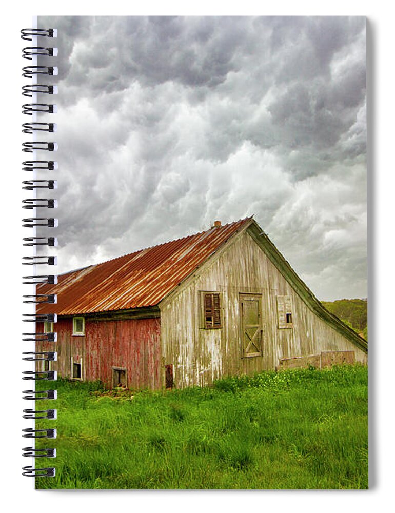 East Moriches Red Barn Storm Clouds Spring Green Grass Farm Field Stormy Rural Long Island New York Spiral Notebook featuring the photograph East Moriches Red Barn Storm by Robert Seifert