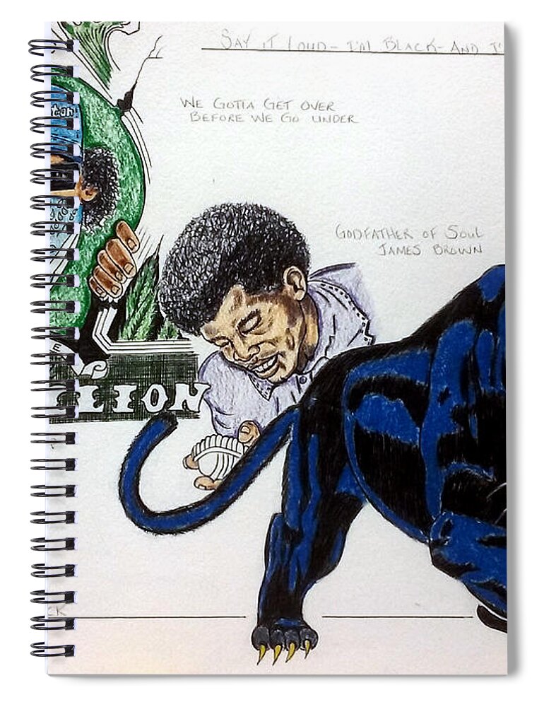 Black Art Spiral Notebook featuring the drawing Eazy-E, James Brown, and Black Panther by Joedee