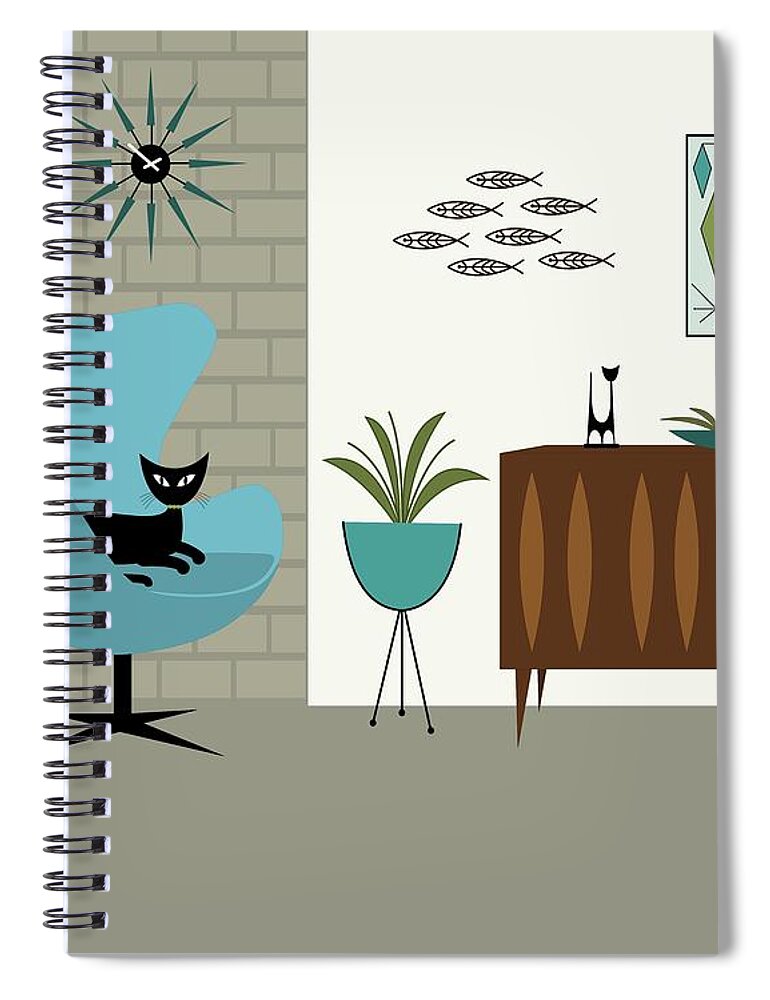 Mid Century Modern Spiral Notebook featuring the digital art Egg Chair with Mini Fish Art by Donna Mibus